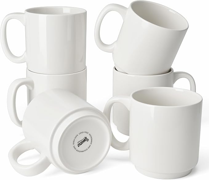 Sweese 10 Oz Stackable White Coffee Mug, Porcelain Coffee Mugs Sets of 6 by Sweese