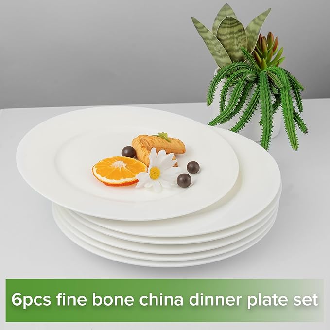 Fine Bone China Dinner Plates 6-Piece, Flate Plate, Pasta Plate 10.75 Inches, Fine Glaze With Pure White Color Sturdy and Durable, Thin Thickness and Light Weight, Microwave and Dishwasher Safe