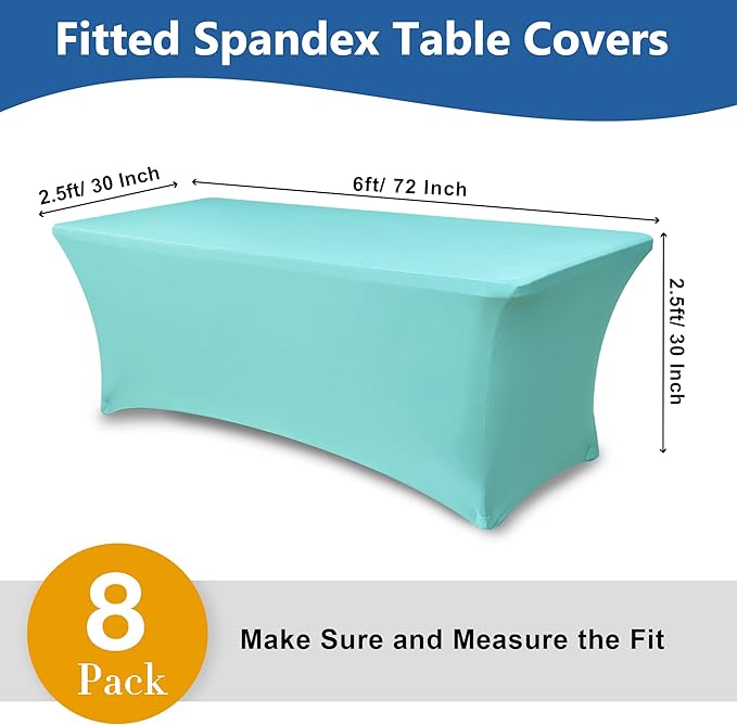 Fitted Stretch Table Cover for 6 foot Rectangle Tables-8 Pack Aqua Blue Spandex Tablecloth-Elastic Folding Tablecloths for Party, Vendor Booth Display, Banquet Buffet Event, Craft Trade Show