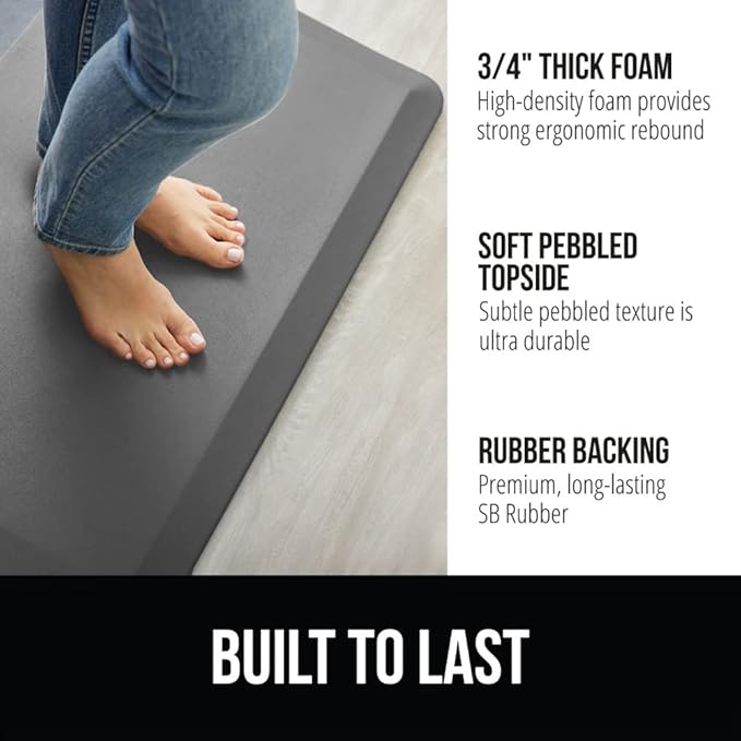 GORILLA GRIP Comfortable Cushioned Kitchen Mats for Floor, 70x24, Waterproof and Stain Resistant Soft Top, 3/4 Inch Thick Ergonomic Standing Desk Anti Fatigue Mat, Foam Supports Ankles and Feet, Gray
