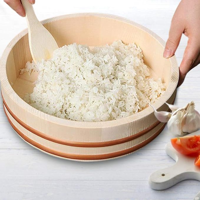 Kichgather 13 Inch Wooden Sushi Rice Bowl Hangiri Sushi Oke Rice Mixing Tub