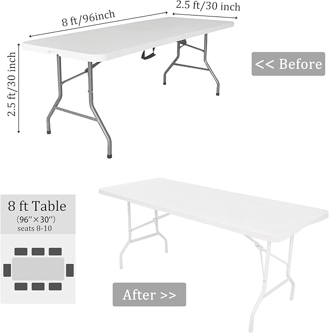 4 Pack Spandex Table Top Cap Cover Stretch Fitted Washable Elastic Rectangle Tablecloth for 8 FT Folding Tables for Indoor Outdoor Party (96 x 30 Inches, White)
