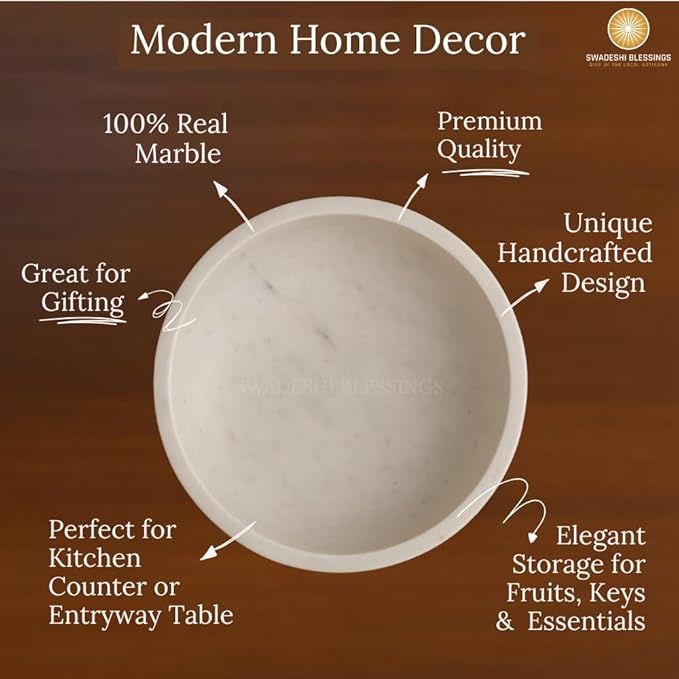 SWADESHI BLESSINGS Handcrafted Marble Fruit Bowl for Kitchen Counter, Large Decorative Bowl for Home Decor, Key Bowl for Entryway Table, Marble Pedestal Bowl for Dining Table Centerpiece Decor, 10.5”