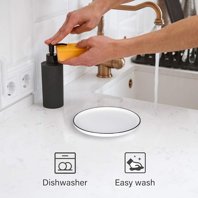 BonNoces 8 Inch Porcelain Lunch Plates, White with Black Edges Dessert Plate, Classic Round Serving Plate for Steak, Pasta and Salad, Set of 6