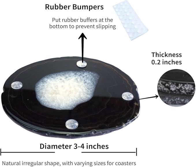 Black Agate Slices Bulk Geode Coasters Set of 4 with Rubber Bumpers - Unique 3-4 Inch Dyed Stone Drink Crystal Coasters for Home Decor, Coffee Table, Bar Accessories