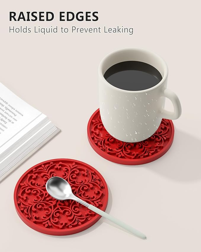 Drink Coasters, Coasters Set of 6 for Cup with Holder, Non-Slip Silicone Cup Mats for Hot and Cold Drinks, Cute Absorbent Coffee Bar Accessories Table Decor, Red