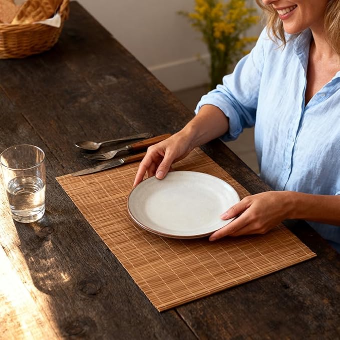 6-Pack Bamboo Placemats,Woven Heat-Resistant Rectangular Table Mats, Natural Dining Place Mats, Rustic Japanese Style Wood Mats for Indoor Dining, Kitchen and Party Use, Coffee