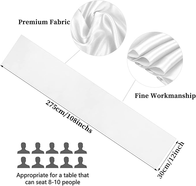 10-Pack White 12 x 108 inches Long Premium Satin Table Runner | Wedding - Image 2
