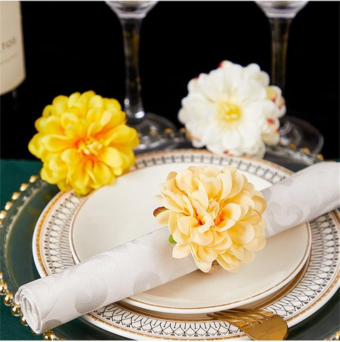 Flower Napkin Rings Set of 6,Rustic Rose Napkin Rings Flower Dinner Napkin Holder for Table Decoration (34#Yellow)