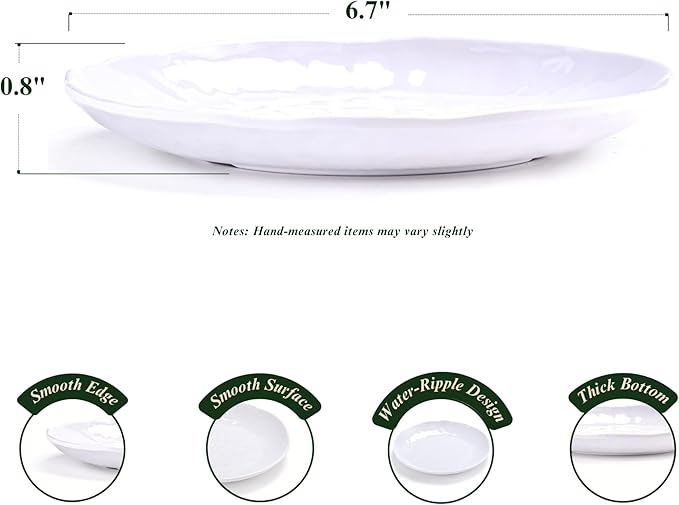 6.7-Inch Melamine Dessert Plates (Set of 6) - Unbreakable and Reusable Dinnerware with Ceramic Feel, Stackable and Dishwasher-Safe (White)