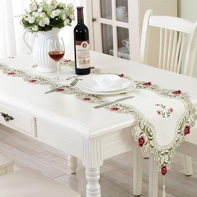 LeLehome 15 Inch X 69 Inch Classic Table Runner, Lace Flowers Embroidered Beige - Image 5