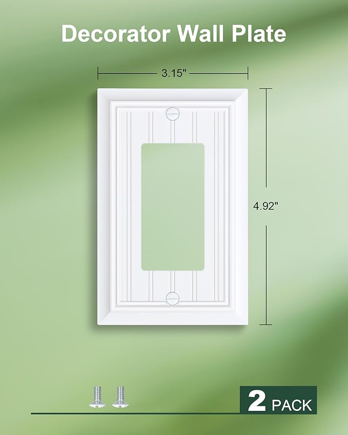 2-Pack Classic Beadboard Decorator Wall Plate Cover, Pure White Decorative Switch Plates and Outlet Covers, Durable Natural Bamboo Fiber Wall Plates for Electrical Outlets, Receptacle, GFCI Outlet