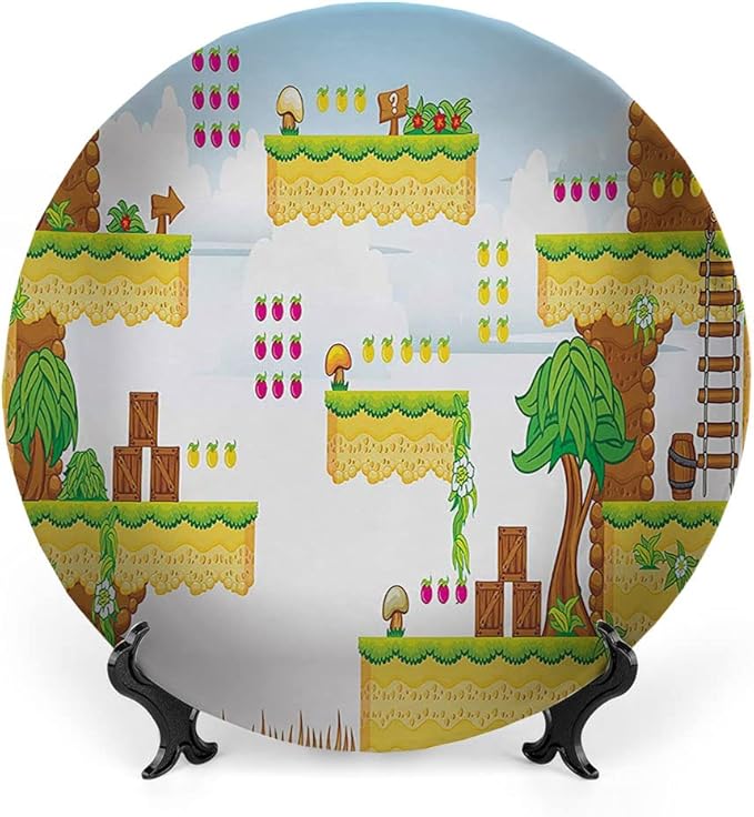 Ceramic Display Plate, Video Games Ceramic Hanging Decorative Plate, Cartoon Retro Computer Graphic Kids Western, 6 Inch, Living Room Kitchen Decoration Household, Multicolor