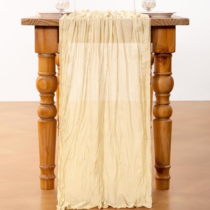 DeZerlor Beige Cheesecloth Table Runners 4 Pack Summer Boho Runners | 120Inches - Image 5