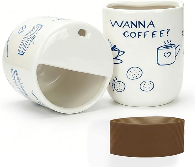 Ceramic Travel Mug with Half Lid, Funny Blue Pattern Ceramic Coffee Mug with by KOIMYSA