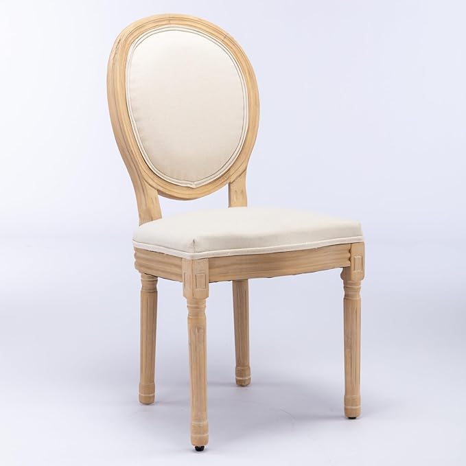 Ball & Cast French Vintage Upholstered Dining Chairs Set of 2, Farmhouse Antique Painting Wooden Kitchen Side-Chairs with Carved Solid Wood Frame, 2-Piece Curved Backrest Louis Chair, Linen Beige