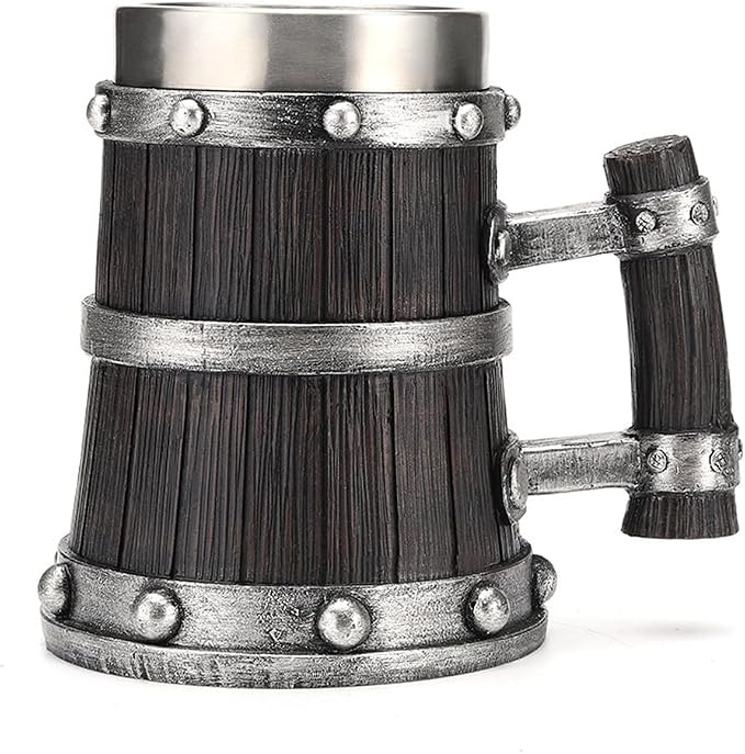 Nordic Viking Mug, pirate Beer Cup, Wooden Barrel Beer Mug Stainless Steel Liner by KUUBEELAA