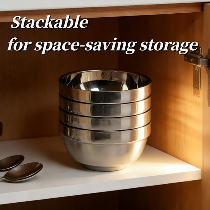 10pcs stainless Steel Bowls Set，5.1Inches Double Walled Insulated Large Serving Rice Cereal Salad noodle Bowl ， Unbreakable Deep Bowl， for kitchen Restaurant Dishwasher Safe