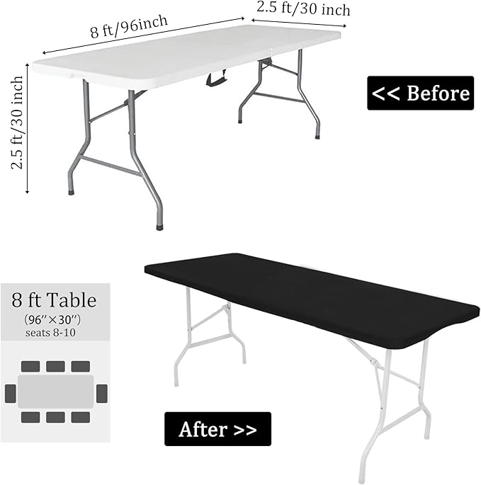4 Pack Spandex Tablecloth Table Top Cap Cover Washable Elastic Rectangle Tablecloth for 8 FT Folding Tables for Indoor Outdoor Party (96 x 30 Inches, Black)