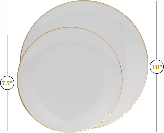 100PCS White Dinnerware Combo | 50 Gold Rim Appetizer/Dessert Plates (7.5in) & 50 Dinner Plates (10in) | Heavy Duty Disposable Plastic Plates For Wedding, Parties, Catering