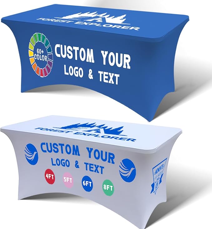 Personalized Table Cloth with Logo Image Customized Tablecloth 4FT/5FT/6FT/8FT Spandex Customized Table Cover Promotional Business Tradeshow Events Birthday Party Wedding (6FT Spandex(Closed back))