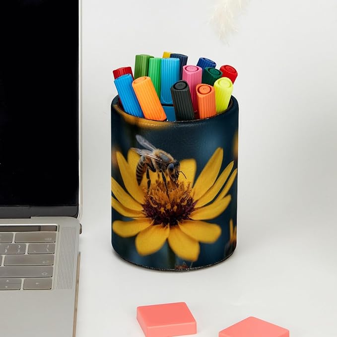 Leather Pen Holder for Desk, Honeybee Pencil Cup Pen Organizer Makeup Brush - Image 5