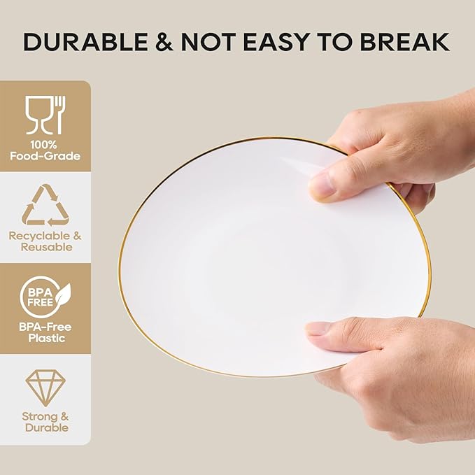 FOCUSLINE 100 Count Gold Plastic Plates 7 Inch, Disposable Heavy Duty Salad Dessert Plates, Premium Hard Plastic Plate Disposable with Gold Rim for Wedding Parties