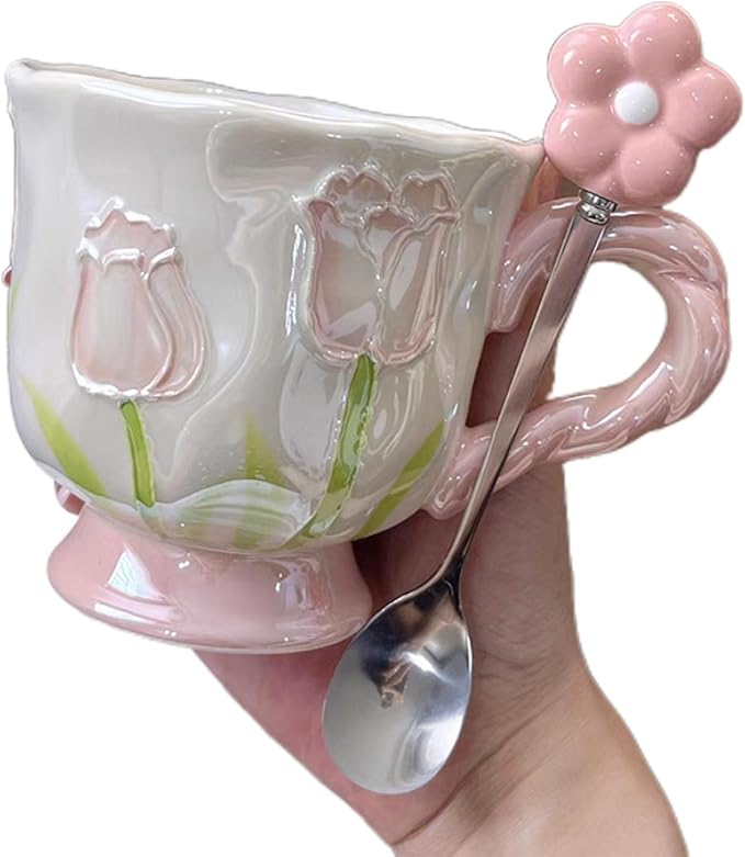 Ceramic Coffee MugEspresso Cup 14oz Pink Cute Flower withSpoon | novelty coffee by Unknown