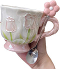 Ceramic Coffee MugEspresso Cup 14oz Pink Cute Flower withSpoon | novelty coffee by Unknown