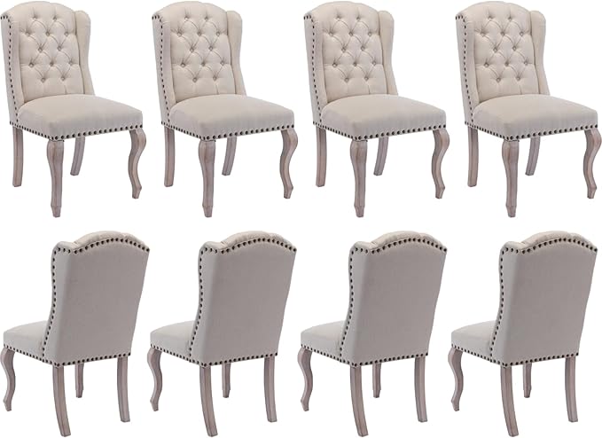 chairus Tufted Parsons Dining Chairs Set of 8, French Country Upholstered Dining Room Chairs with Nailhead Trim & Curved Wood Legs, Farmhouse High Back Armless Side Kitchen Chairs, Beige Linen