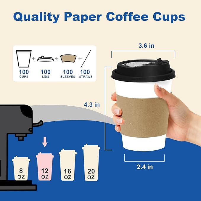 12 oz 100 Pack Coffee Cups with Lids and Sleeves, Straws, Hot Disposable To Go Travel Paper Cups Bulk for Office, Home Coffee Bar Accessories, Chocolate, Cocoa, Beverage (White)