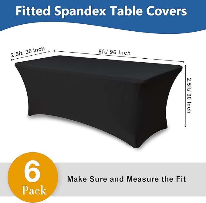 Spandex Table Cloths for 8 Foot Rectangle Tables-6 Pack Fitted Stretch Black Table Covers-Elastic Folding Tablecloths for Party, Vendor Booth Display, Banquet Buffet Event, Craft Trade Show
