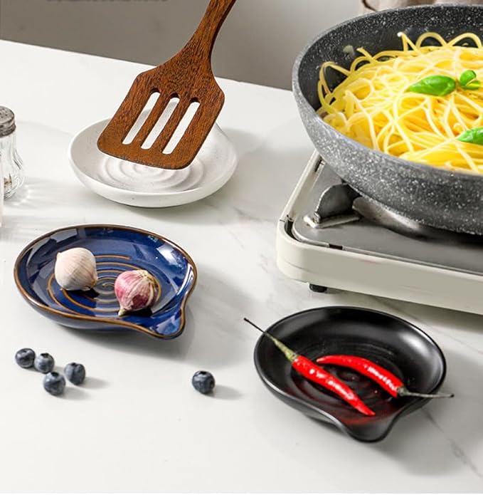 6-Inch Ceramic Spoon Rest - Heat Resistant, Non-Slip for Kitchen Utensils, Spoon Holder Stovetop, Dishwasher Safe - Elegant Spiral Design Black, Housewarming Gift