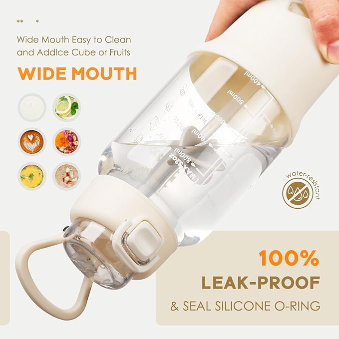 SIEROZUR 32 oz Glass Tumbler with Straw, Glass Water Bottles with 2 Lids-Handle Spout Lid & Straw Lid, 1 Liter Motivational Water Bottles, Silicone Sleeve, Fits Car Cup Holder,White