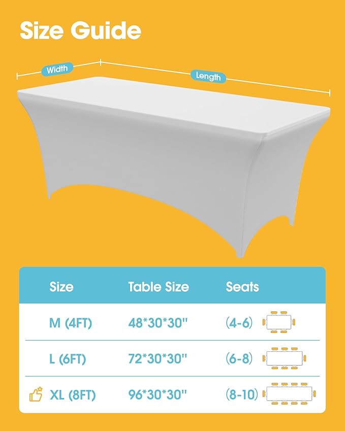 4-Pack White Spandex Tablecloths – 96"x30"x30" Stretch Fitted Table Covers for 8ft Rectangle Folding Tables, Wrinkle-Resistant Tablecloth for Wedding, Banquet & Outdoor Events