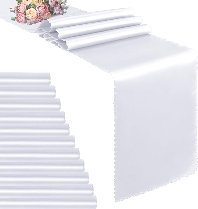 VACVELT White Satin Table Runners, 12x72 Inch, 12 Pack, Scalloped Edge | Silky by VACVELT