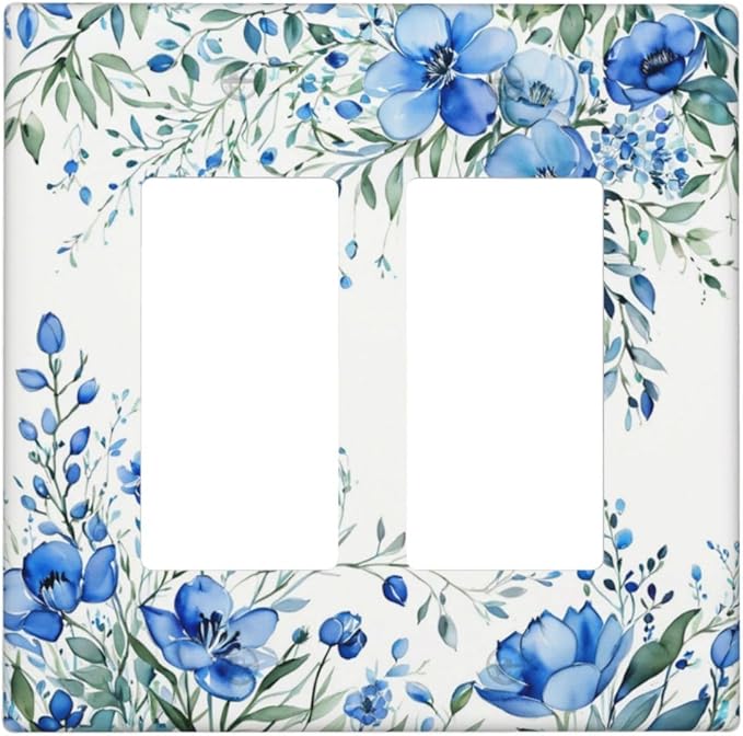 Outlet Covers Blue Watercolor Flowers Retro Floral Leaves 2 Gang Light Switch Cover Double Rocker Wall Plate Decorative GFCI Receptacle Electrical Switchplate for Bathroom Bedroom Decor（2 Pack）