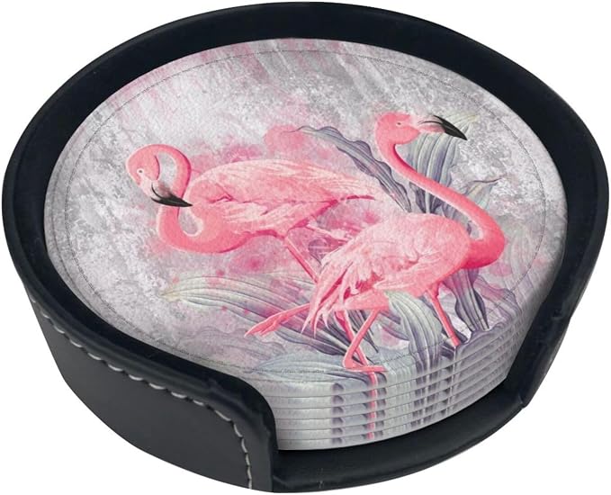 6 Pcs Pink Cute Flamingo Modern Art Boho Leather Coasters - Image 5