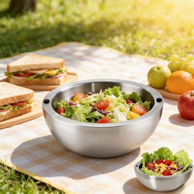 304 Stainless Steel Insulated Salad & Dipping Bowl, Two Hot/Cold Water Inlets to Keep Food Hot or Cold Suitable for Picnics, Salad Making and Dipping (35 oz)