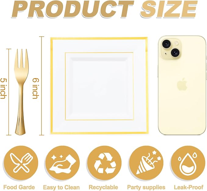 WDF 200PCS Gold Plastic Dessert Plates with Plastic Forks -6” 100 Square Disposable Appetizer Plates Small Plate Cake Plate &100 Gold Small Appetizer Forks for Daily Using Thanksgiving