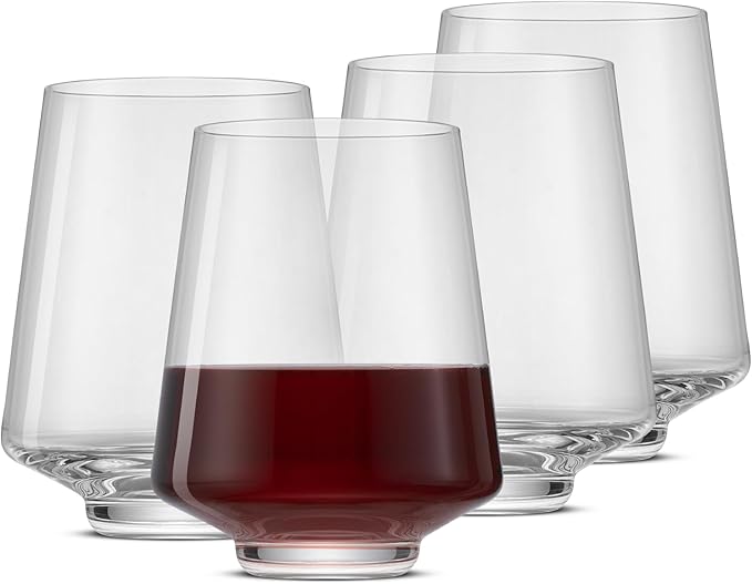 JoyJolt Sidney Stemless Wine Glasses Set of 4 | 19 oz Modern Drinking Glasses | Tapered Bulb Shaped Tumbler Cups for White and Red Wine | Home Bar Glass Set | Premium Crystal Made in Europe