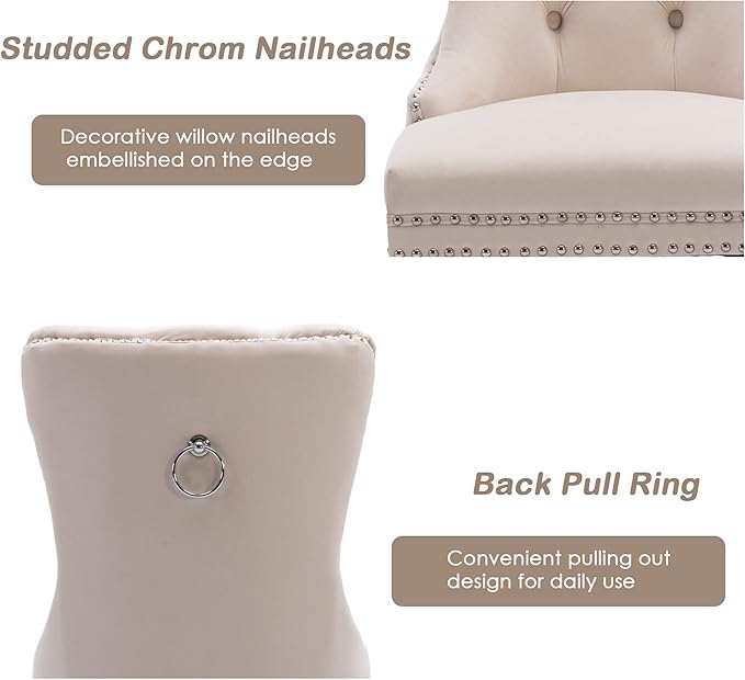 KCC Velvet Dining Chairs Set of 6, Upholstered High-end Tufted Dining Room Chair with Nailhead Back Ring Pull Trim Solid Wood Legs, Nikki Collection Modern Style for Kitchen, Beige