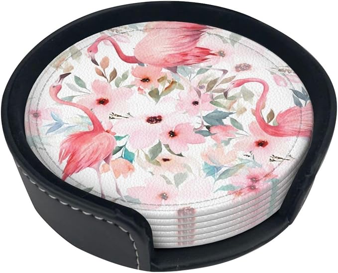 6 Pcs Watercolor Flamingo Tropical Floral Leaves Leather Coasters - Image 5