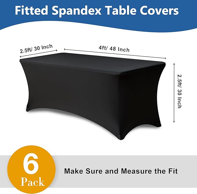 4ft Stretch Table Cover Fitted-6 Pack Black Spandex Table Cloths with Elastic-Folding Table Protector for Parties, Vendor Booth Display, Banquet Buffet Event, Graduation, Craft Trade Show