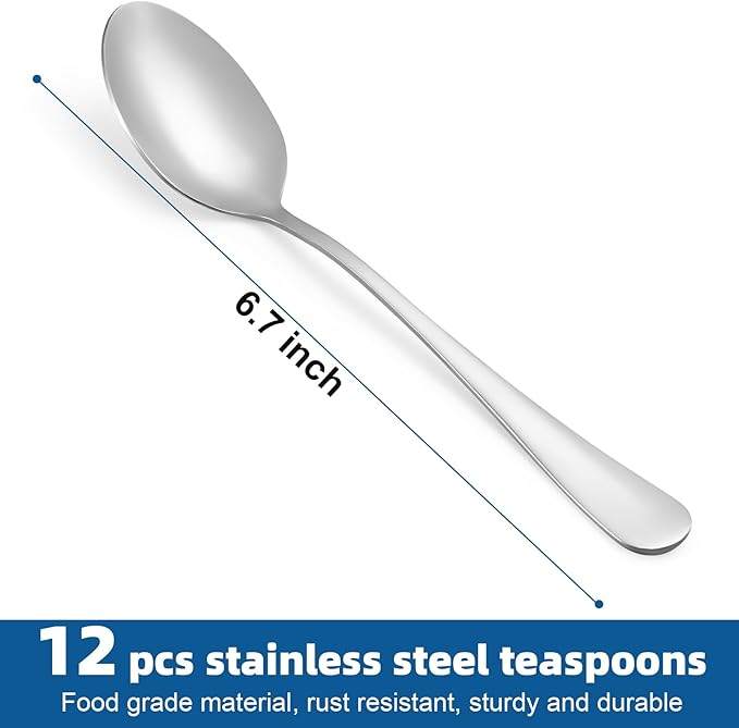 12 Pcs Teaspoons Set, Food-Grade Stainless Steel Spoons Silverware, Cutlery Tea - Image 2