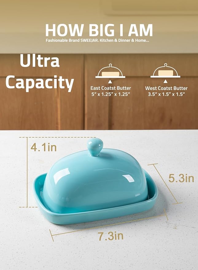 Sweejar Ceramic Butter Dish with Lid for Countertop,Porcelain Butter Keeper with Knob Handle,Butter Container for East/West Coast Butter, 7.3*4.1 inches (Turquoise)