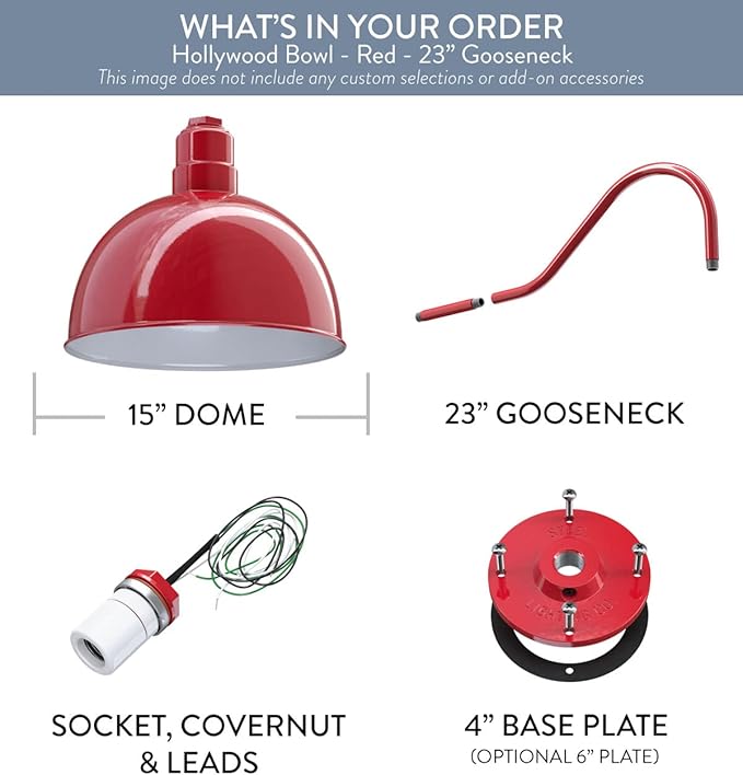 Steel Lighting Co. Hollywood Bowl Light | Outdoor Wall Mounted | 15 inch Bowl Dome | 23 inch Gooseneck | Barn Light Made in America | Red Exterior/White Interior