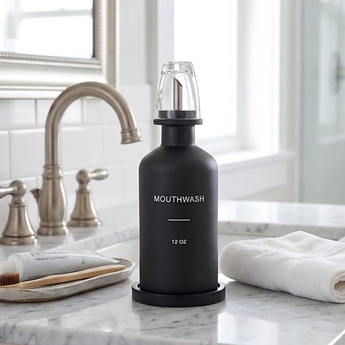 Glass Mouthwash Dispenser for Bathroom, Stainless Steel & Bamboo Nozzle - Image 6