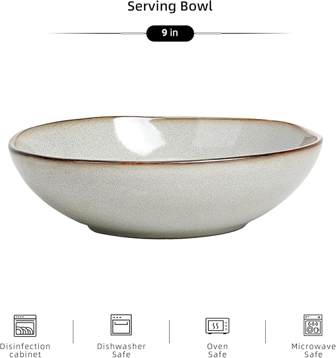 Organic Shape Highland Ceramic Serving Bowl, 6pcs 9 Inch Handmade Reactive Glaze Bowl 40oz with Wavy Edge, for Kitchen, Microwave & Dishwasher Safe, Scratch Resistant-grey