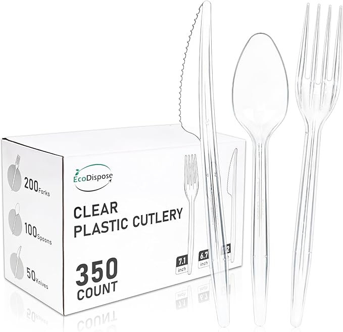 EcoDispose 350 Count Plastic Silverware, Heavy Duty Plastic 200 Forks. 100 Spoons, 50 Knives Disposable Utensils Cutlery Set for Party Supplies